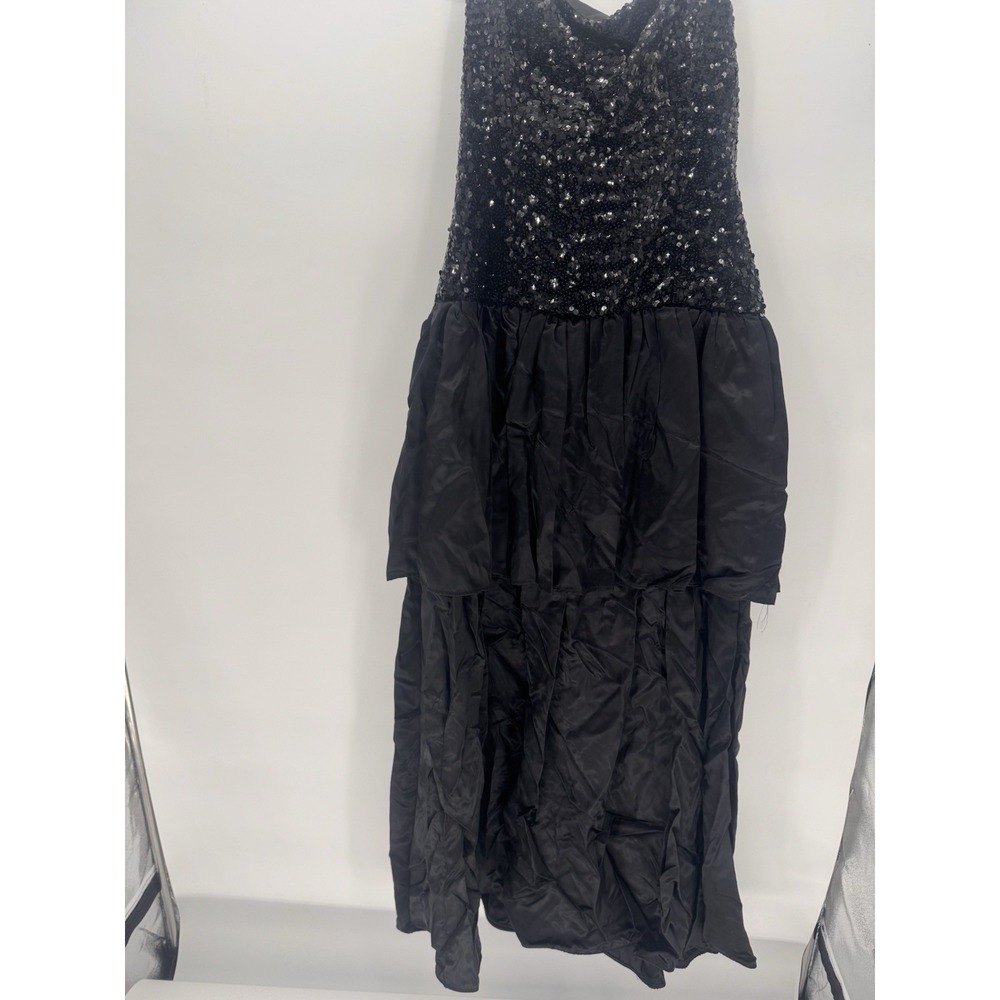 Vintage 80s Loralie Black Goth Punk Sequin‎ and Satin Strapless Ruffled Dress
